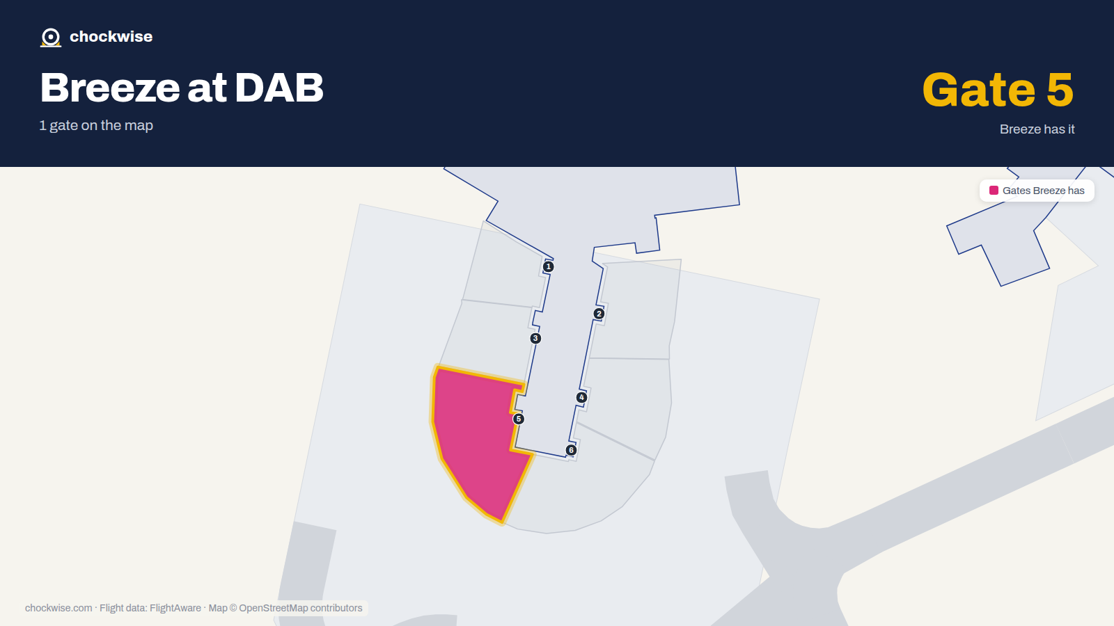 Map of DAB with the gates Breeze Airways uses highlighted: 5.
