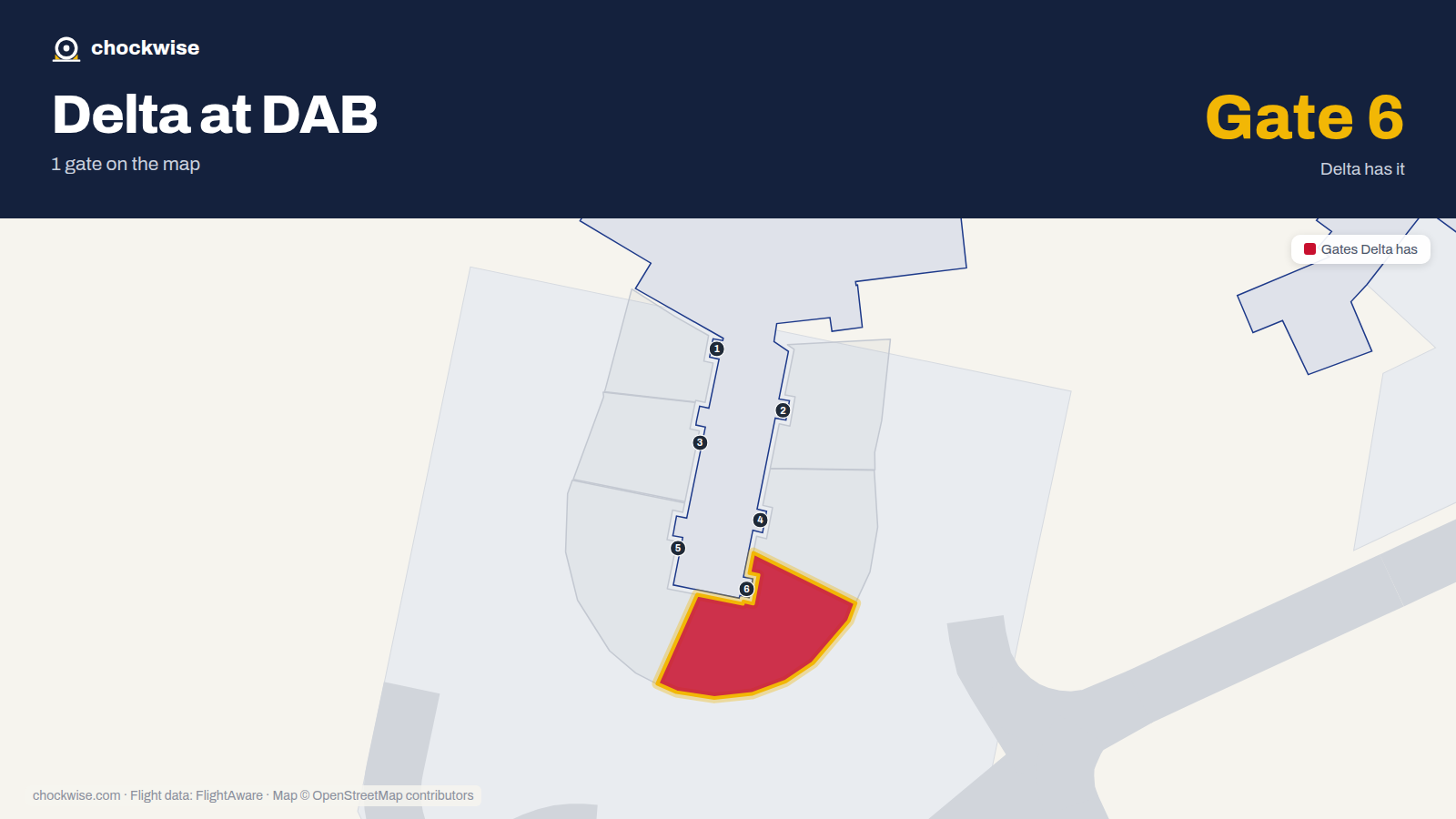 Map of DAB with the gates Delta Air Lines uses highlighted: 6.
