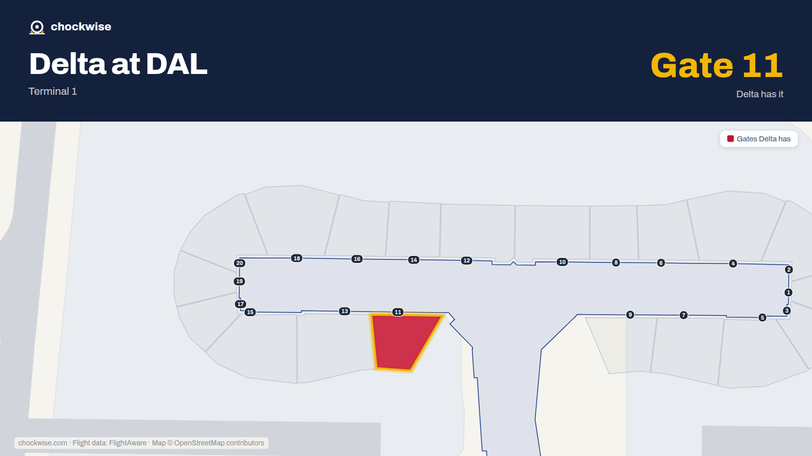 Map of DAL with the gates Delta Air Lines uses highlighted: 11.