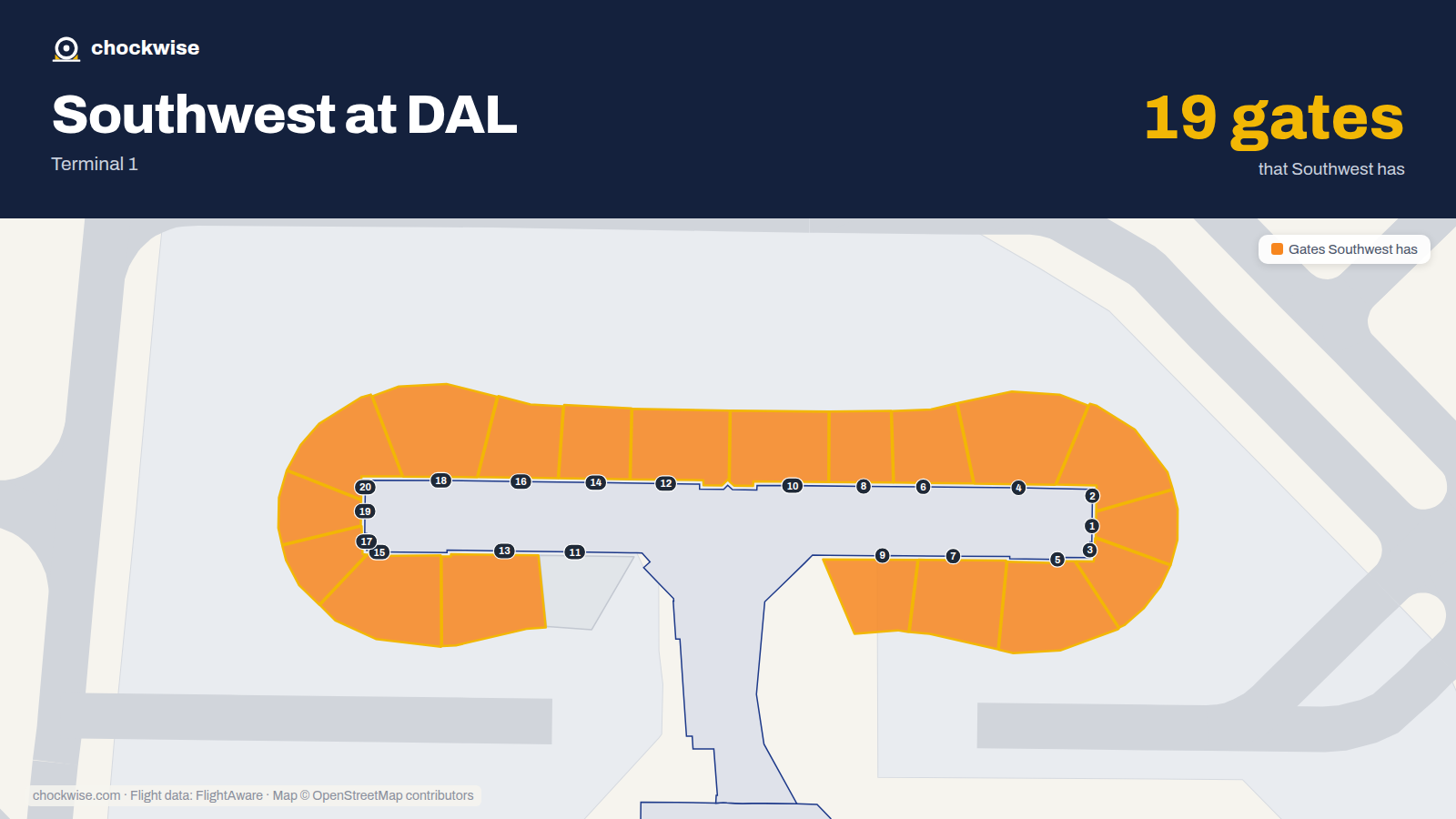 Map of DAL with the gates Southwest Airlines uses highlighted: 1, 2, 3, 4, 5, 6, 7, 8 and 11 more.