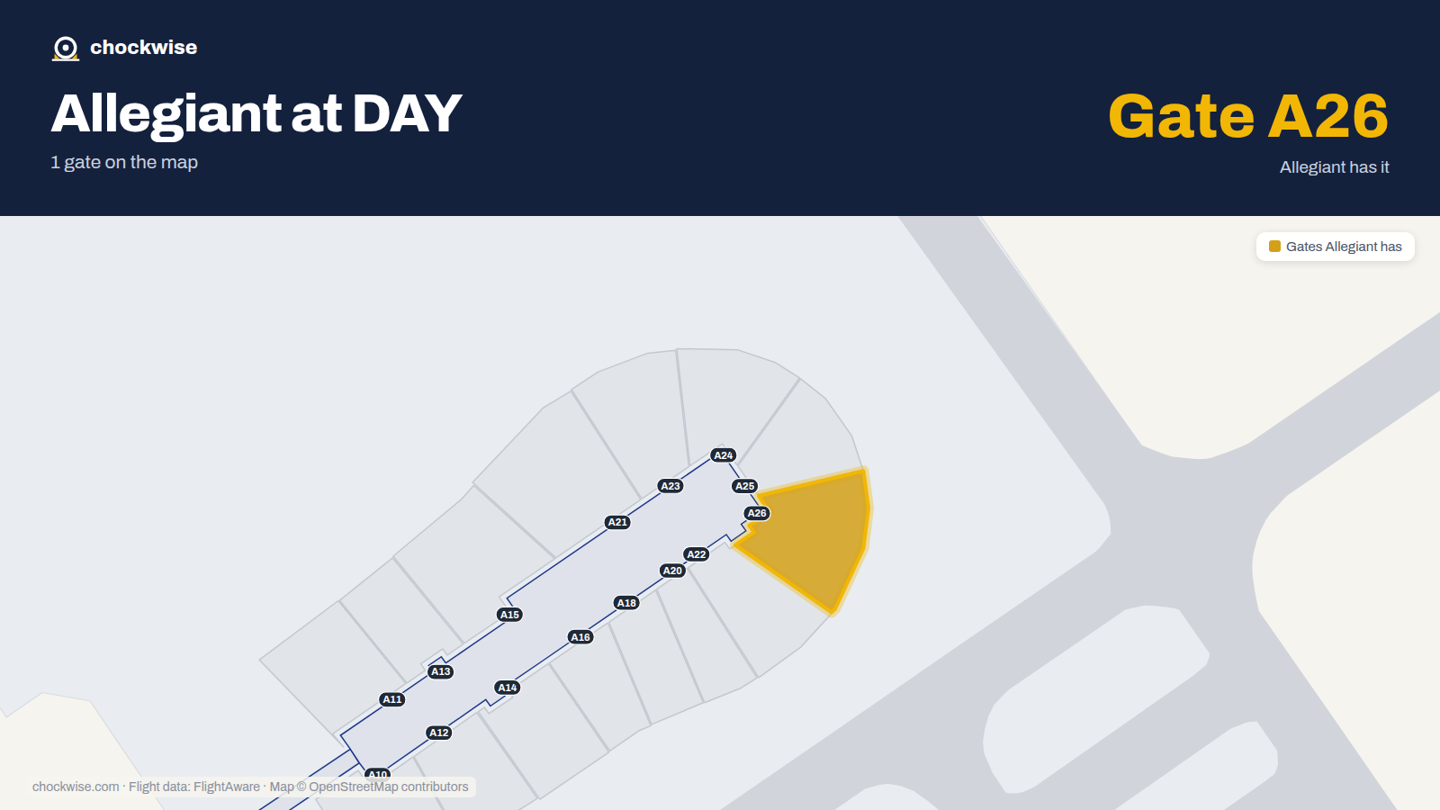 Map of DAY with the gates Allegiant Air uses highlighted: A26.