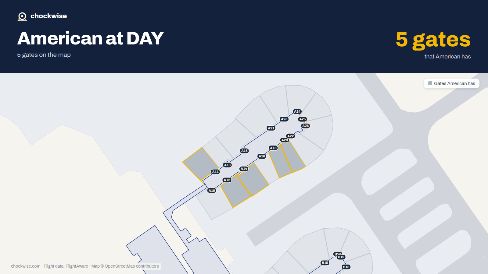 Map of DAY with the gates American Airlines uses highlighted: A11, A12, A14, A18 and A20.
