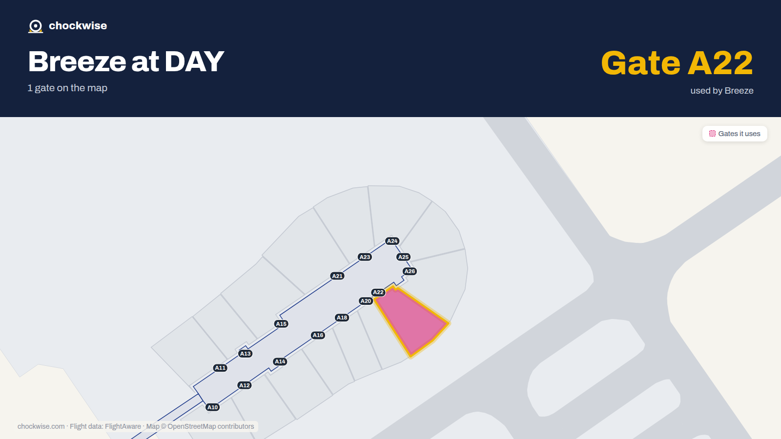 Map of DAY with the gates Breeze Airways uses highlighted: A22.