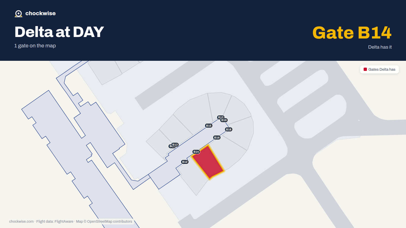 Map of DAY with the gates Delta Air Lines uses highlighted: B14.