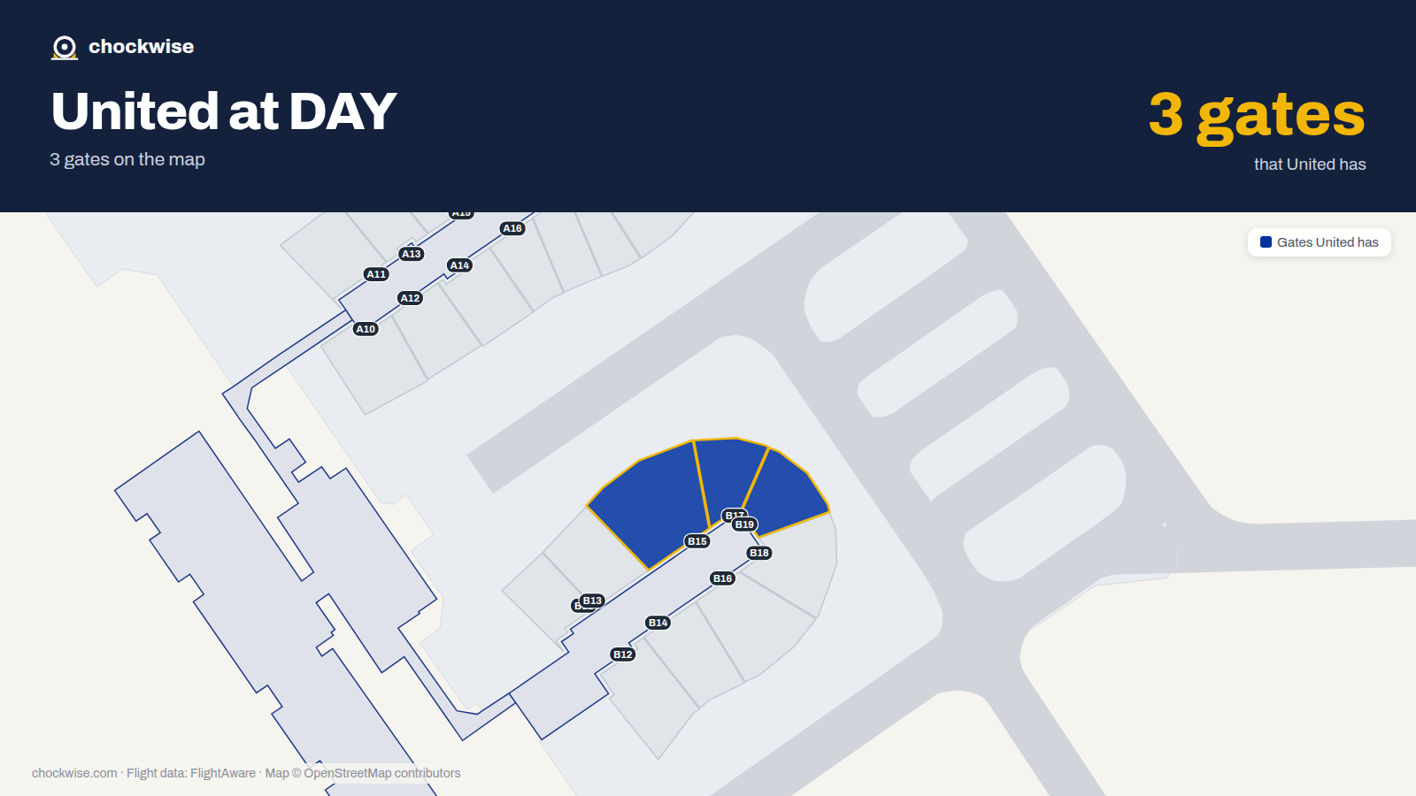 Map of DAY with the gates United Airlines uses highlighted: B15, B17 and B19.