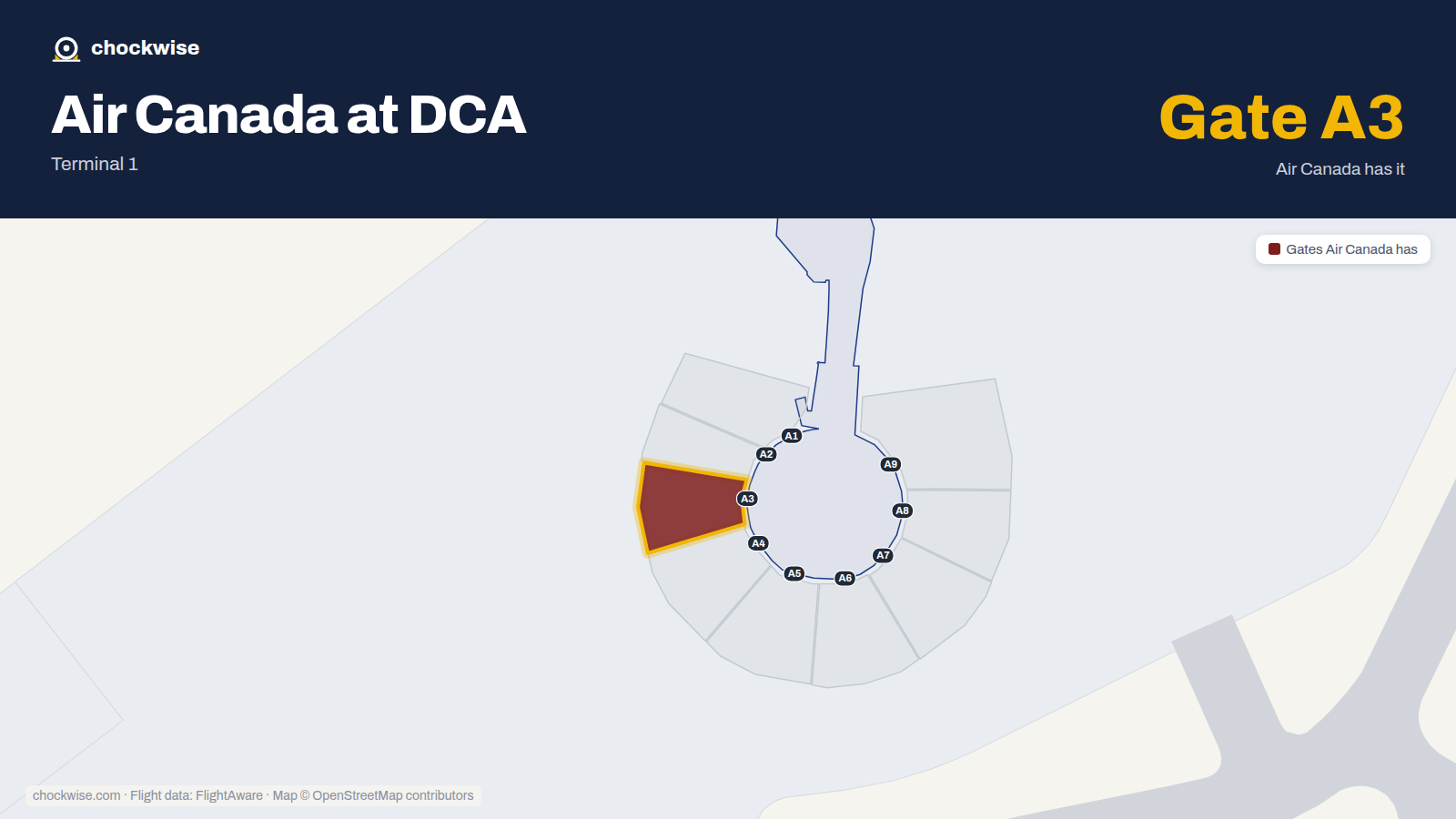 Map of DCA with the gates Air Canada uses highlighted: A3.