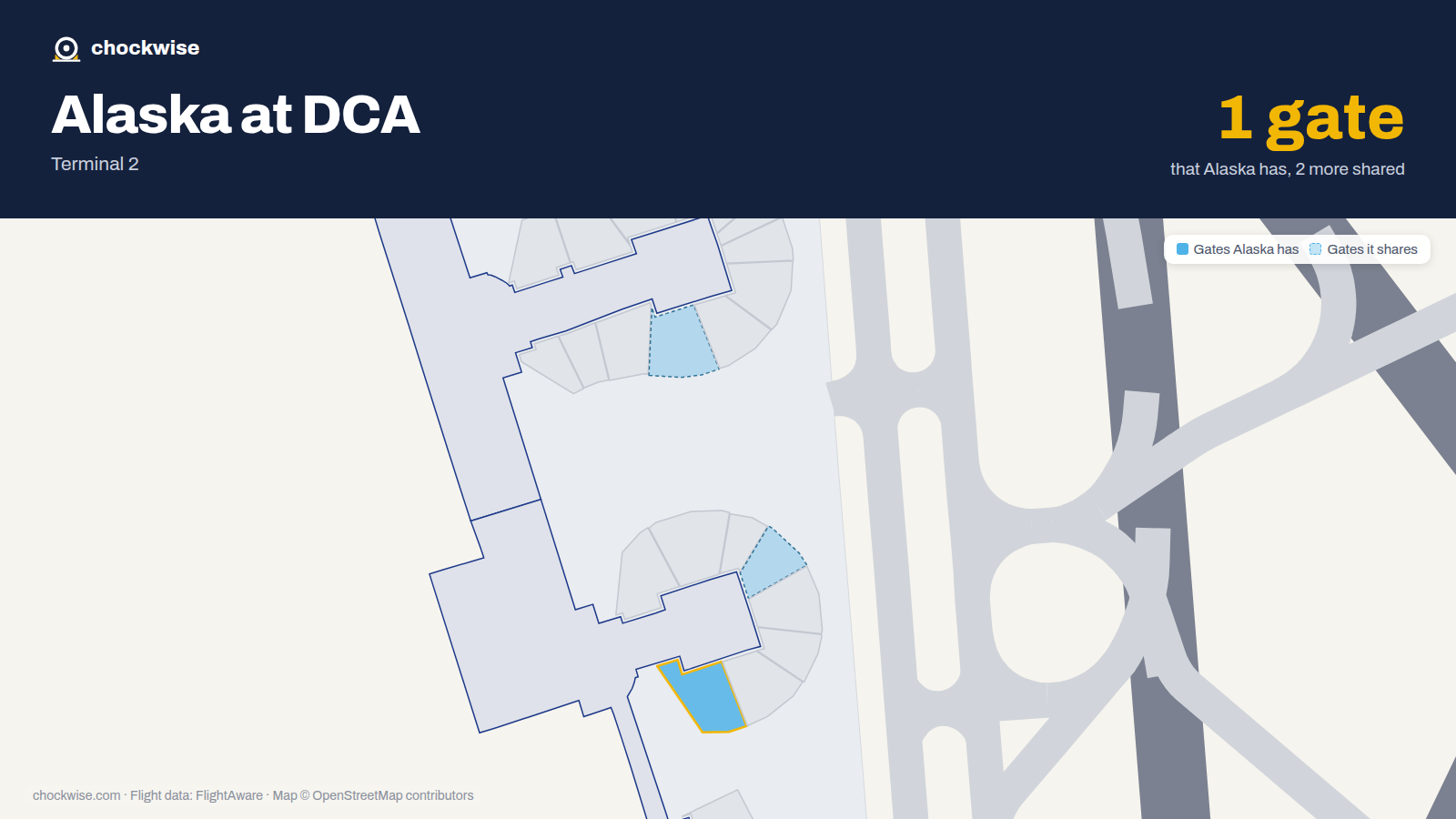 Map of DCA with the gates Alaska Airlines uses highlighted: B16.