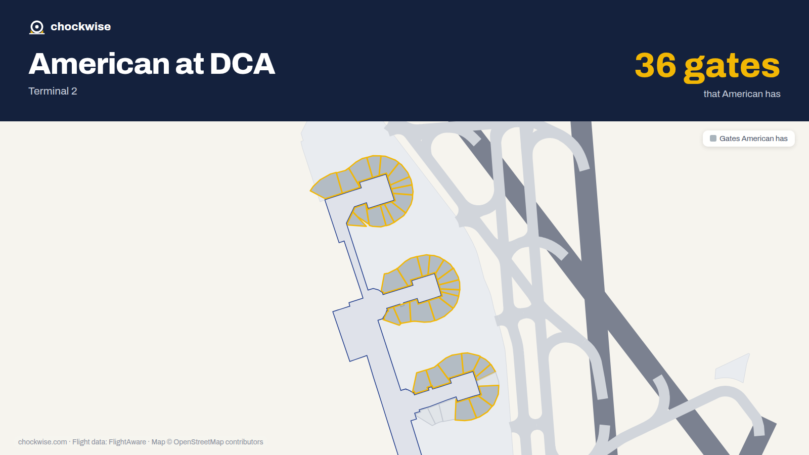 Map of DCA with the gates American Airlines uses highlighted: C23, C25, C27, C29, C30, C31, C32, C33 and 28 more.