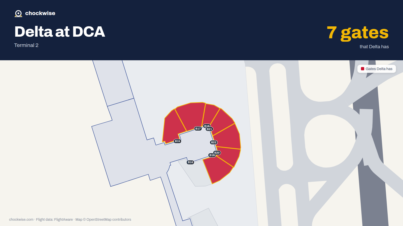 Map of DCA with the gates Delta Air Lines uses highlighted: B15, B17, B18, B19, B20, B21 and B22.