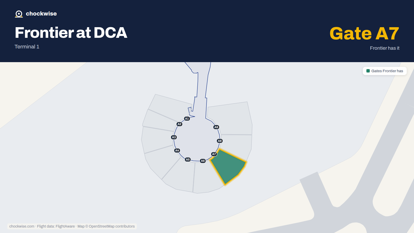 Map of DCA with the gates Frontier Airlines uses highlighted: A7.