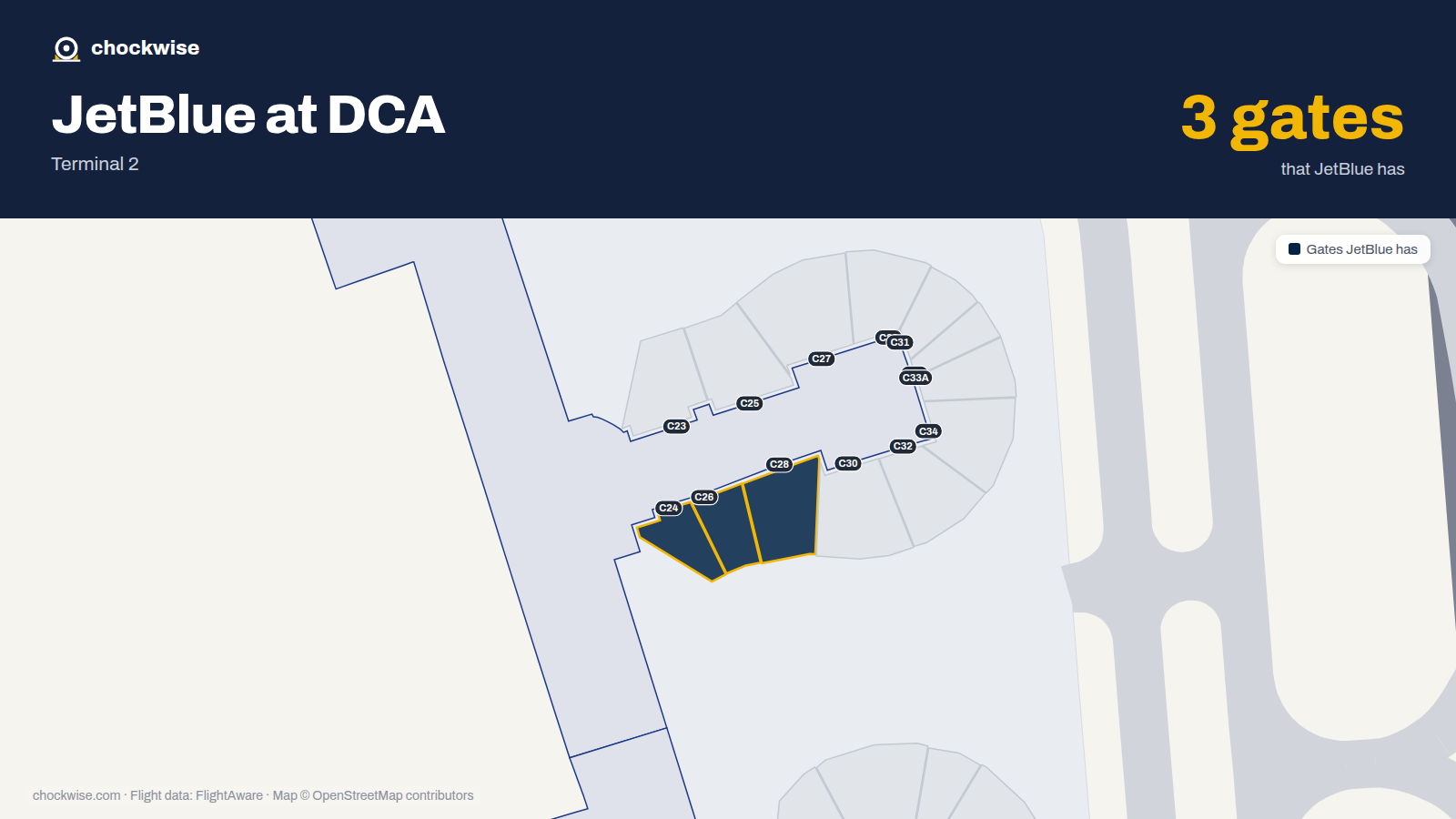 Map of DCA with the gates JetBlue uses highlighted: C24, C26 and C28.