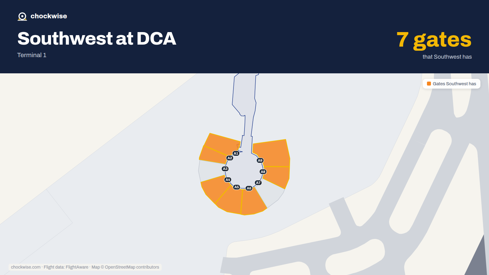 Map of DCA with the gates Southwest Airlines uses highlighted: A1, A2, A4, A5, A6, A8 and A9.