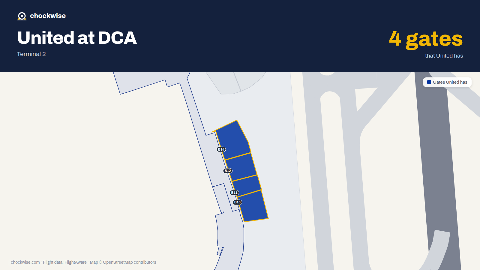Map of DCA with the gates United Airlines uses highlighted: B10, B11, B12 and B14.