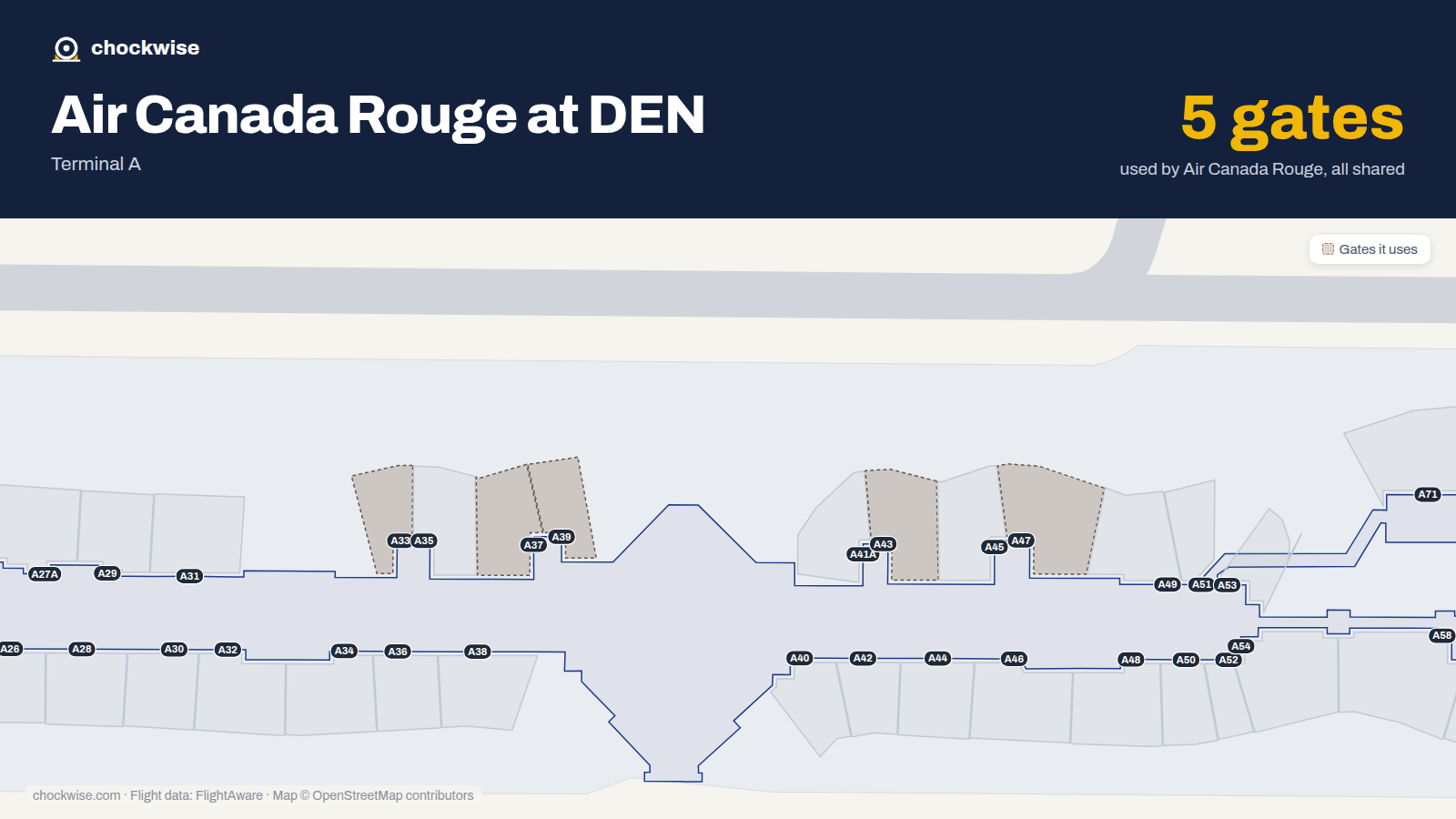 Map of DEN with the gates Air Canada Rouge uses highlighted: A33, A37, A39, A41, A43 and A47.
