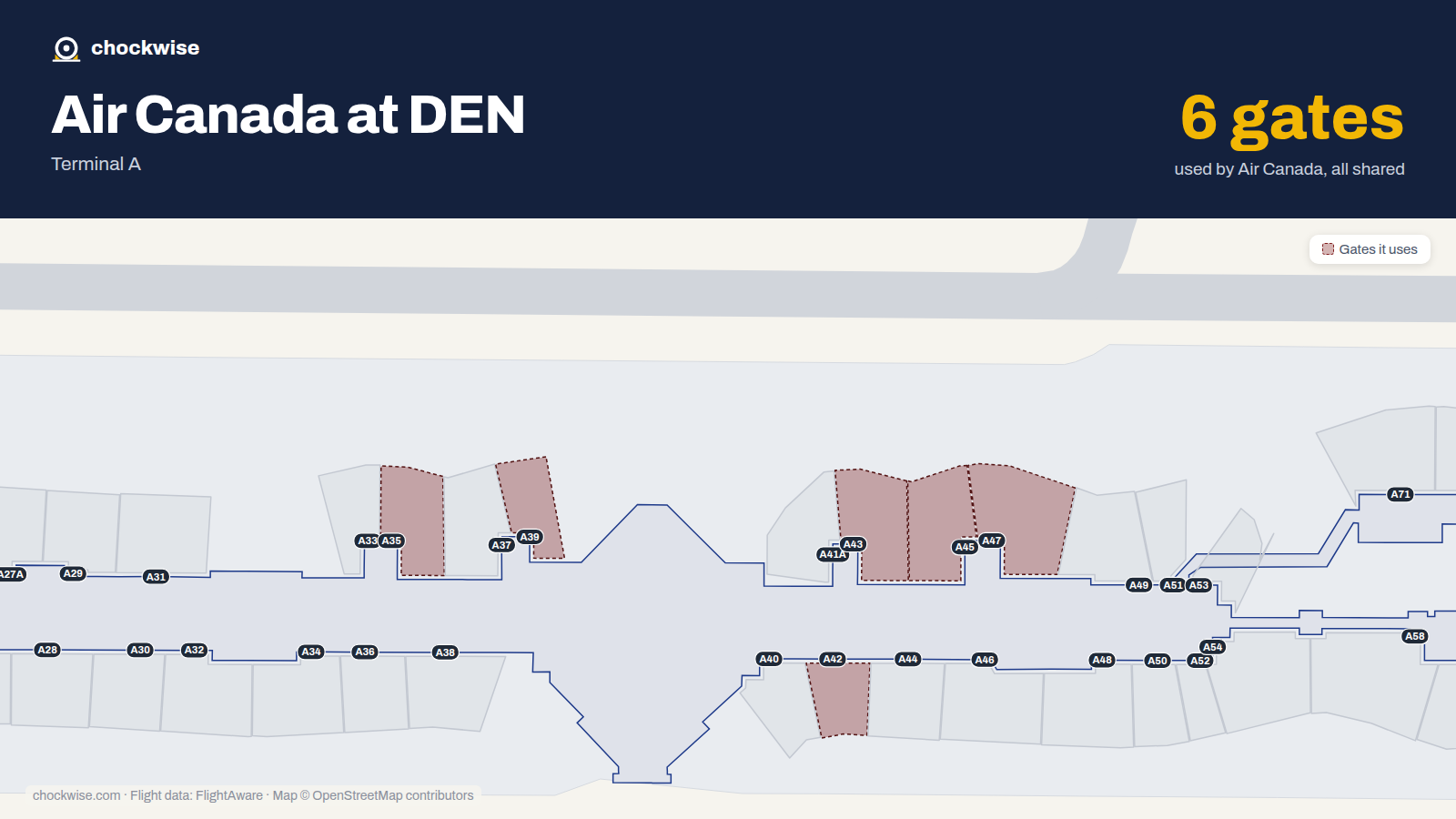 Map of DEN with the gates Air Canada uses highlighted: A35, A39, A41, A42, A43, A45 and A47.