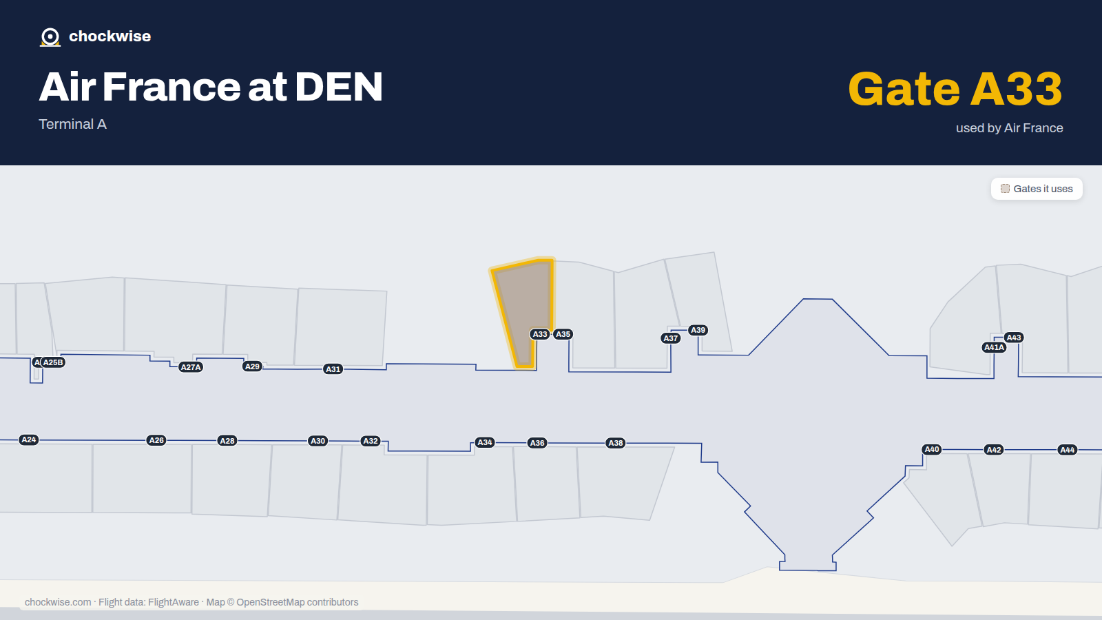 Map of DEN with the gates Air France uses highlighted: A33.