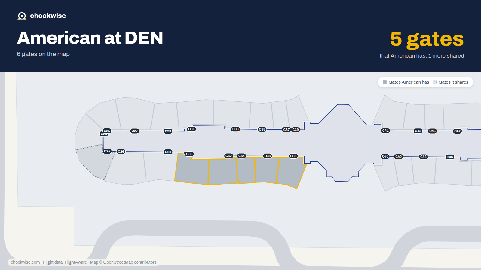 Map of DEN with the gates American Airlines uses highlighted: C30, C32, C34, C36 and C38.