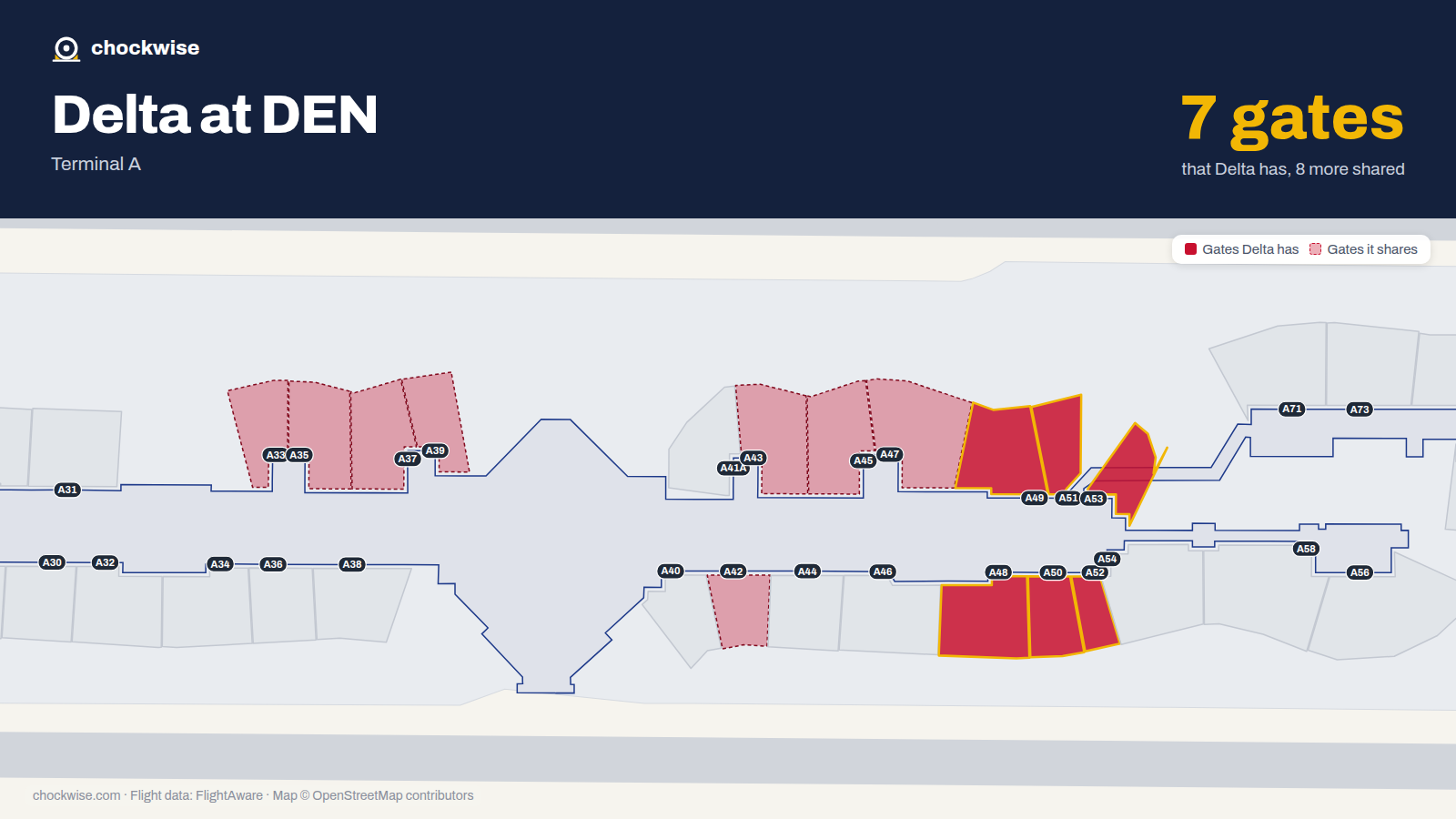 Map of DEN with the gates Delta Air Lines uses highlighted: A48, A49, A50, A51, A52 and A53.