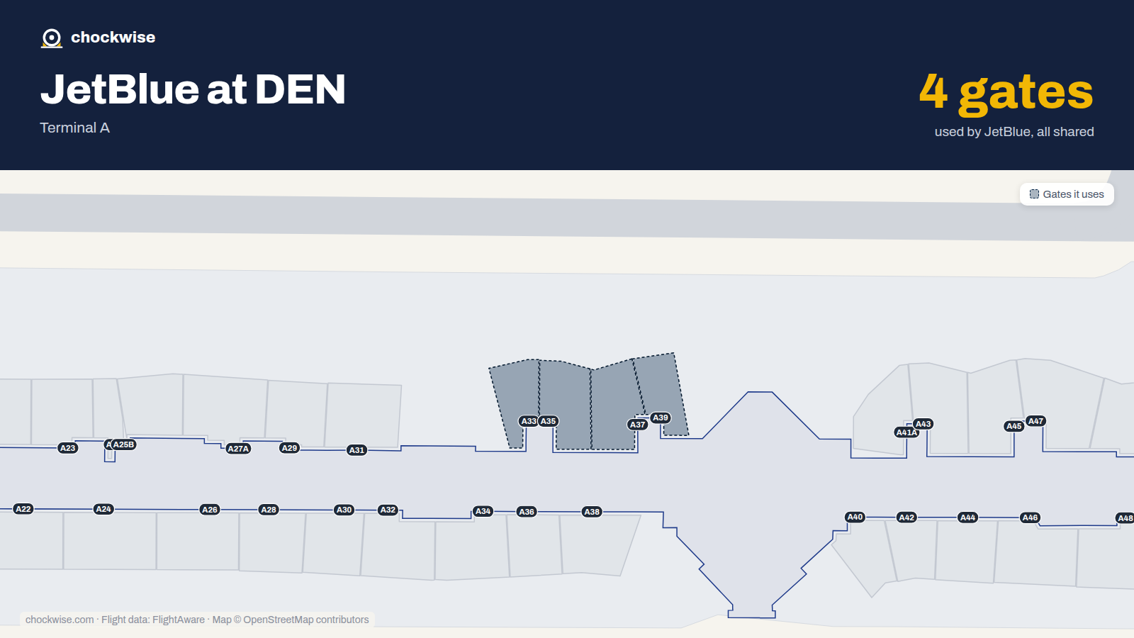 Map of DEN with the gates JetBlue uses highlighted: A33, A35, A37 and A39.