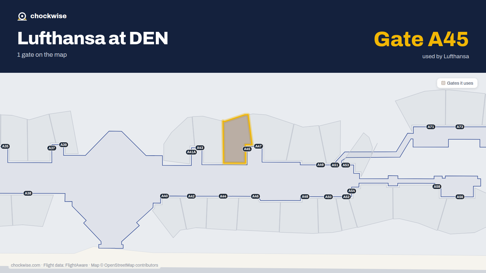 Map of DEN with the gates Lufthansa uses highlighted: A41 and A45.