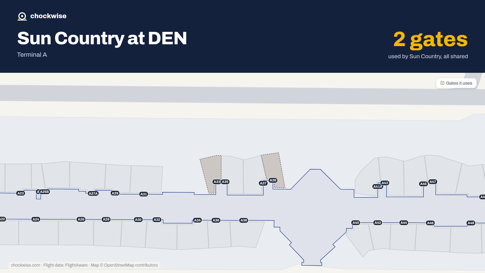 Map of DEN with the gates Sun Country Airlines uses highlighted: A33 and A39.