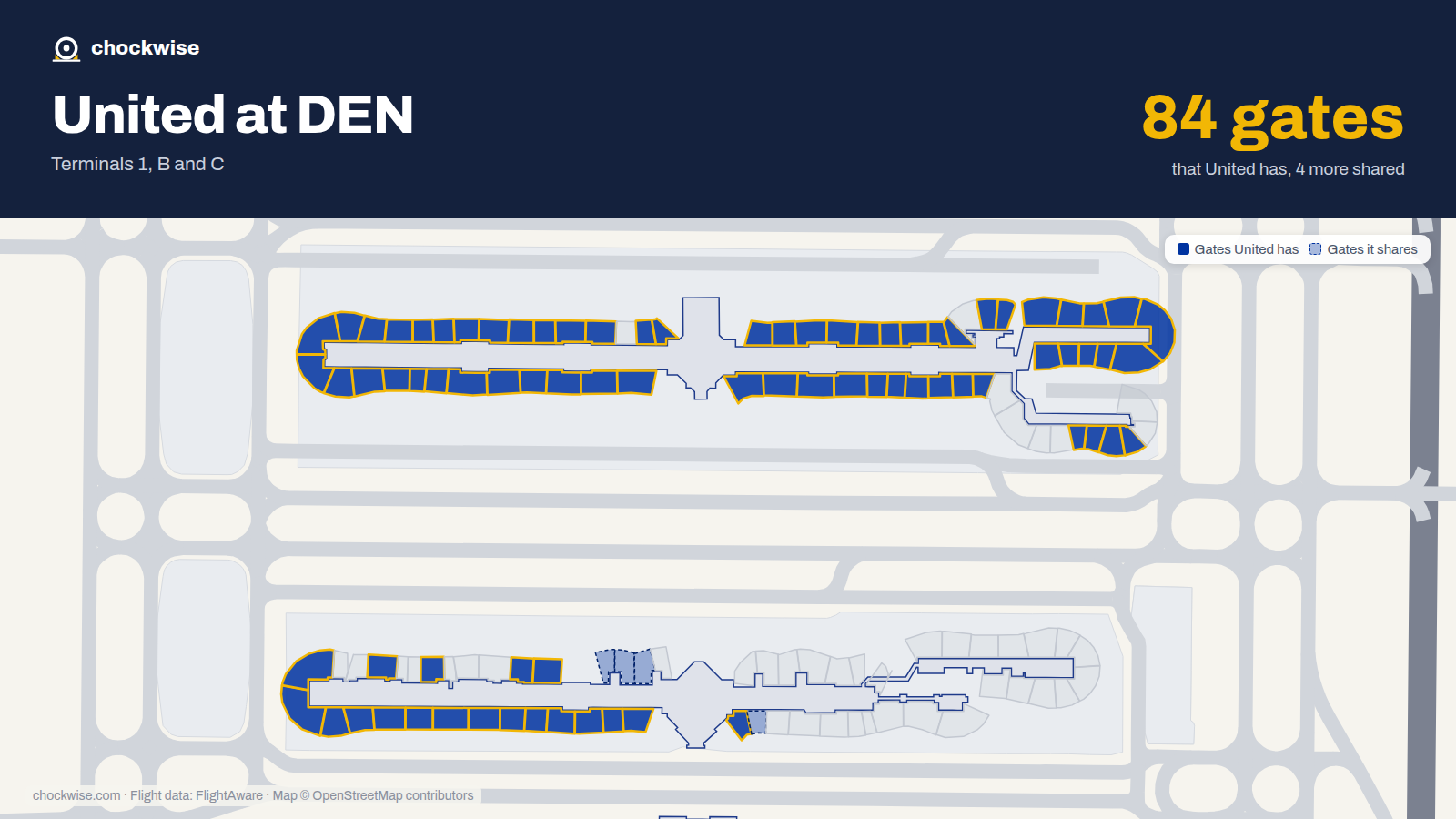 Map of DEN with the gates United Airlines uses highlighted: B7, B8, B9, B10, B11, B12, A14, A15 and 72 more.