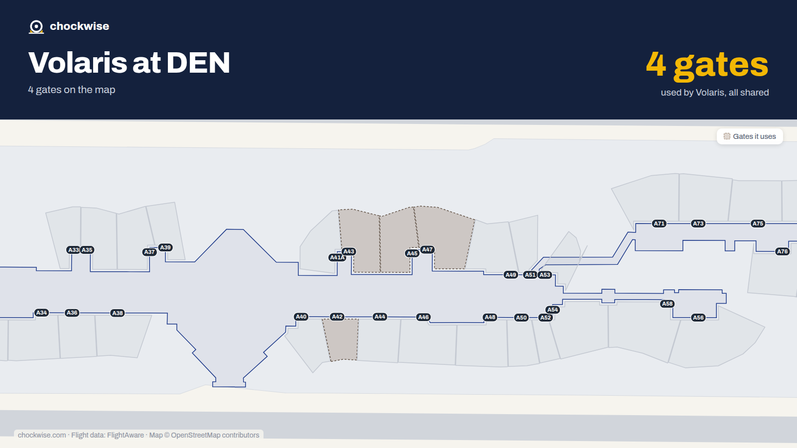 Map of DEN with the gates Volaris uses highlighted: A41, A42, A43, A45 and A47.
