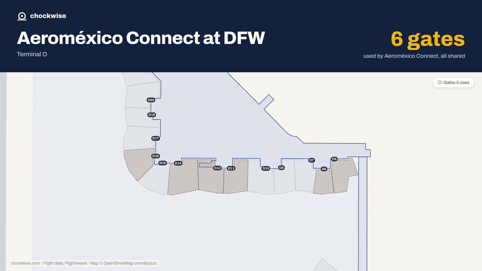 Map of DFW with the gates Aeroméxico Connect uses highlighted: D5, D6, D11, D12, D14 and D16.