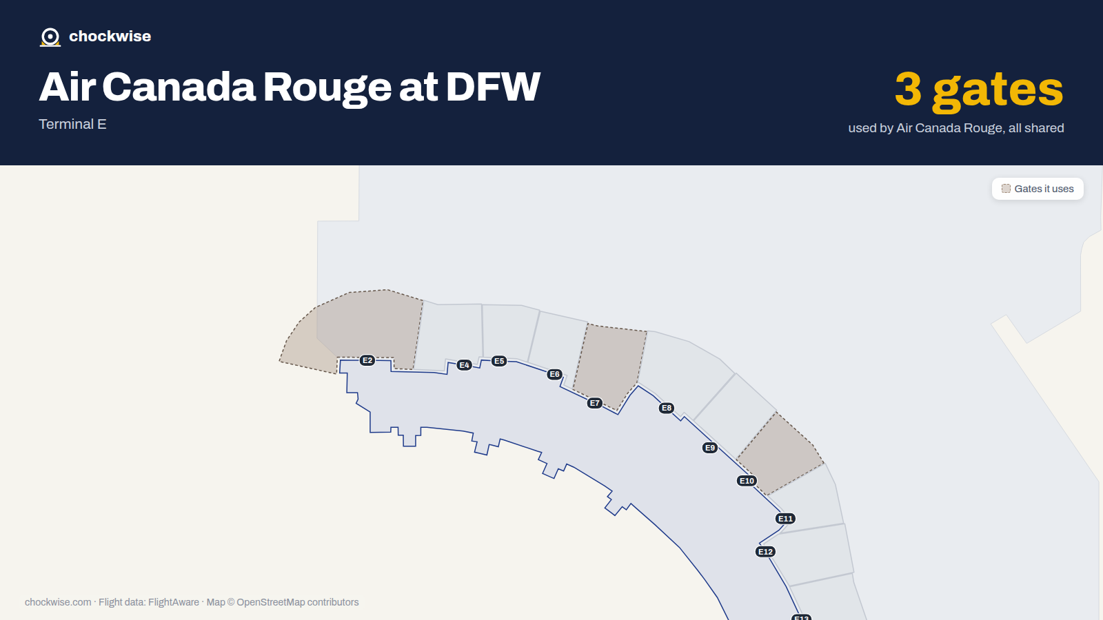 Map of DFW with the gates Air Canada Rouge uses highlighted: E2, E7 and E10.