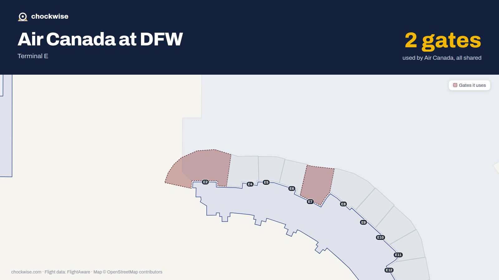 Map of DFW with the gates Air Canada uses highlighted: E2 and E7.