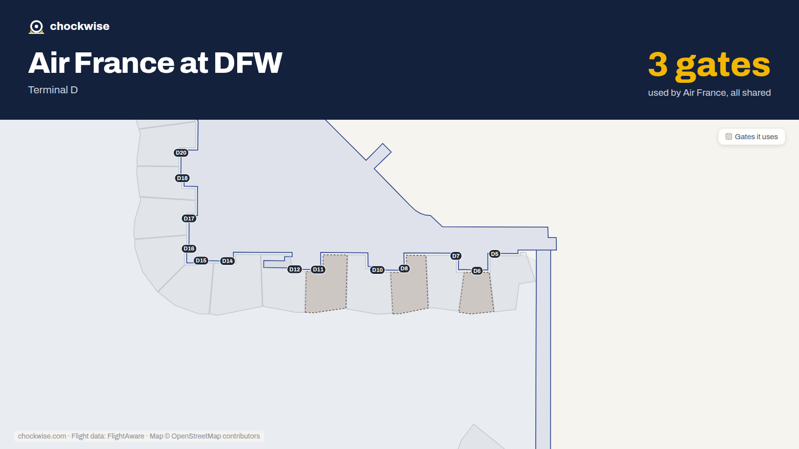 Map of DFW with the gates Air France uses highlighted: D6, D8 and D11.