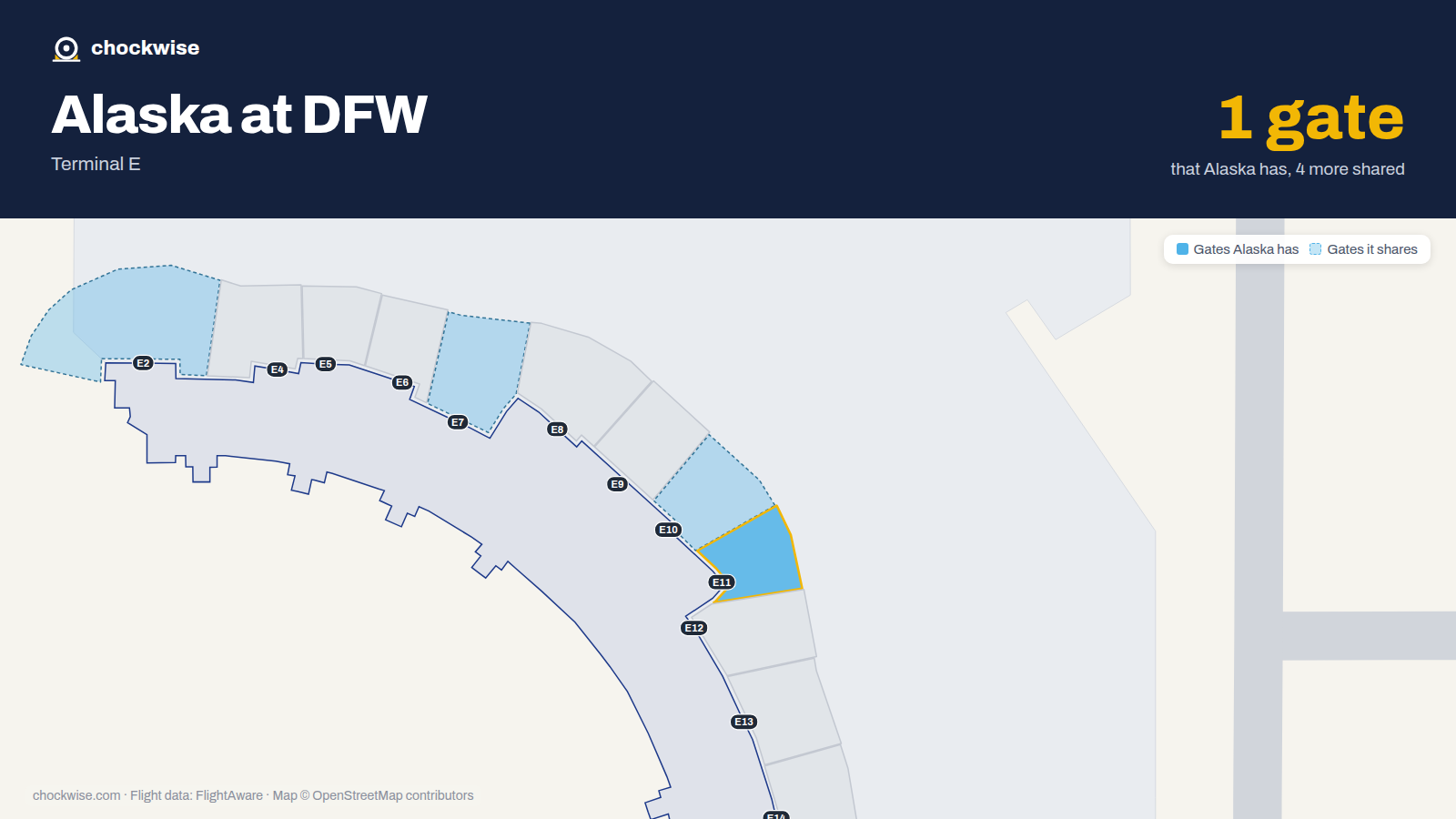 Map of DFW with the gates Alaska Airlines uses highlighted: E11.
