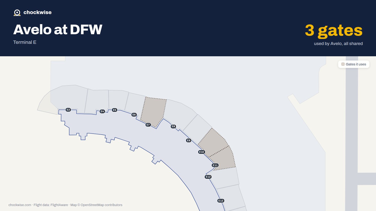 Map of DFW with the gates Avelo Airlines uses highlighted: E7, E10 and E11.