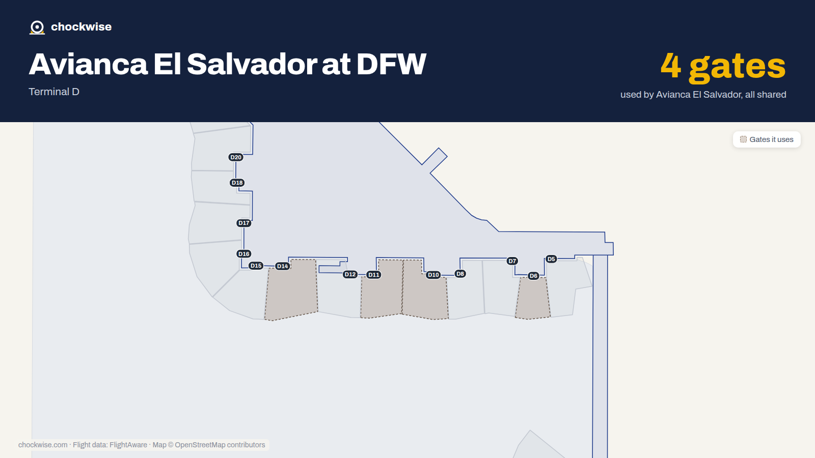 Map of DFW with the gates Avianca El Salvador uses highlighted: D6, D10, D11 and D14.