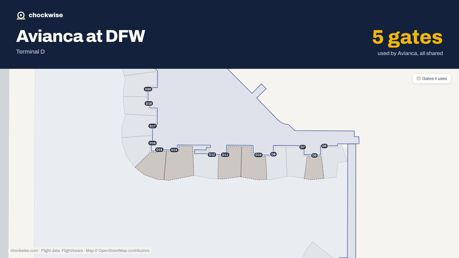 Map of DFW with the gates Avianca uses highlighted: D6, D10, D11, D14 and D15.