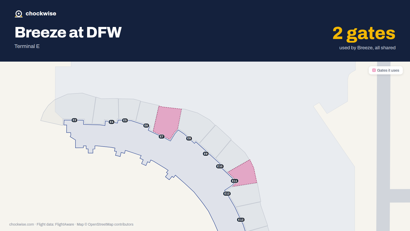 Map of DFW with the gates Breeze Airways uses highlighted: E7 and E11.