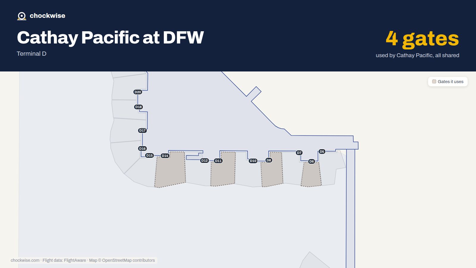 Map of DFW with the gates Cathay Pacific uses highlighted: D6, D8, D11 and D14.