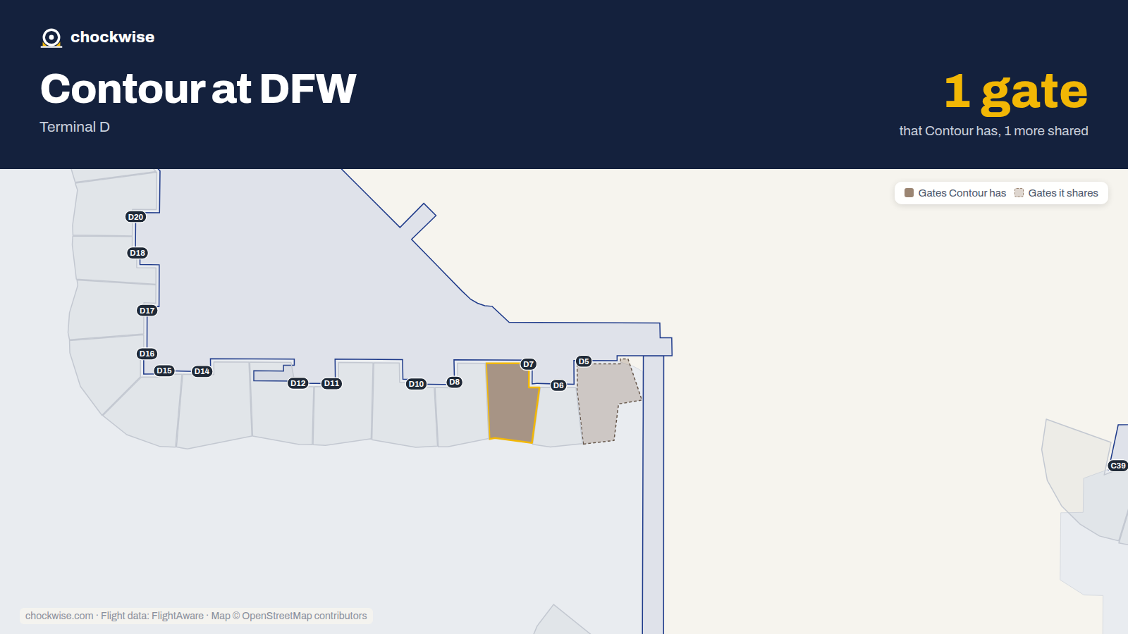 Map of DFW with the gates Contour Airlines uses highlighted: D7.