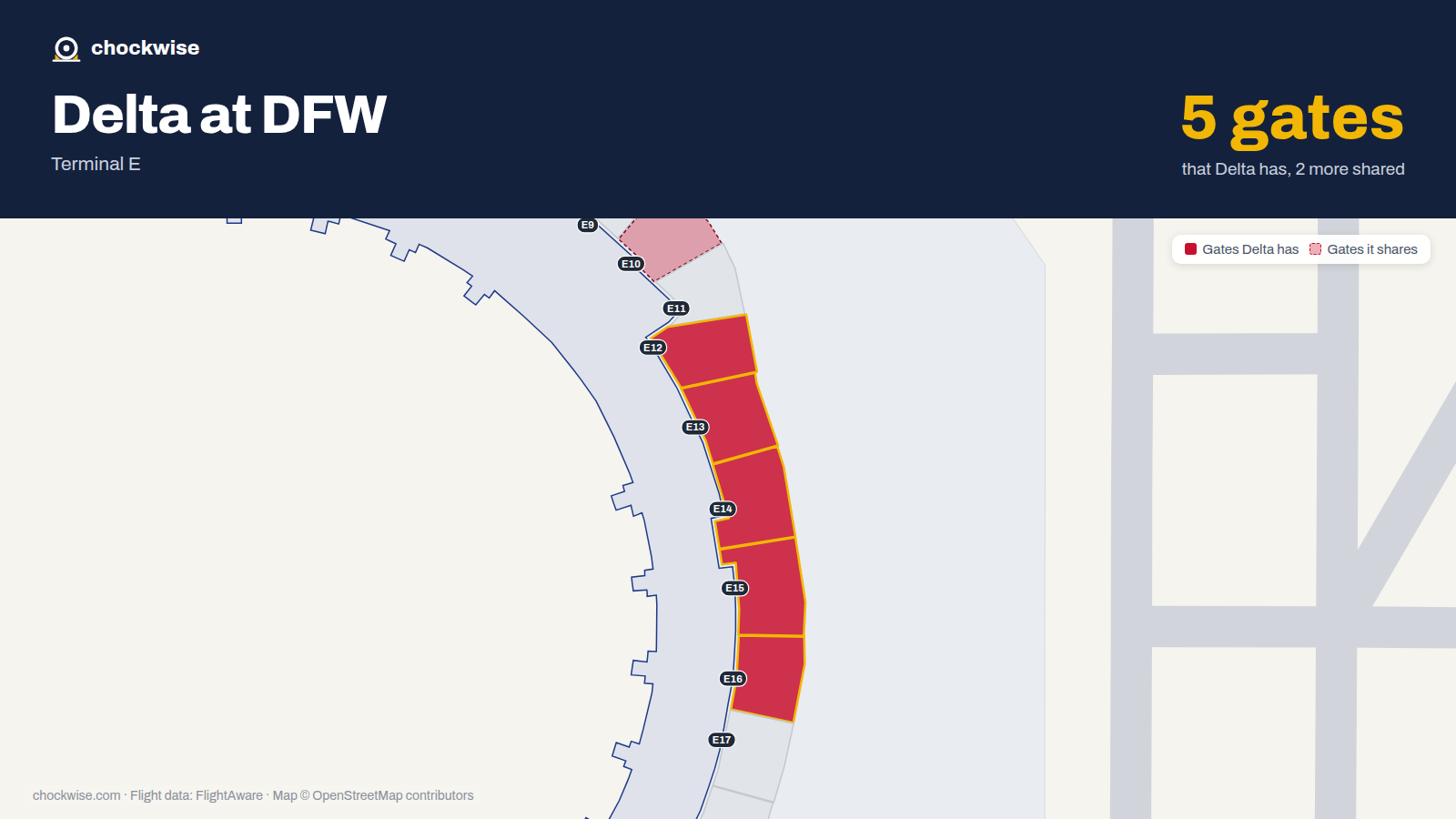 Map of DFW with the gates Delta Air Lines uses highlighted: E12, E13, E14, E15 and E16.