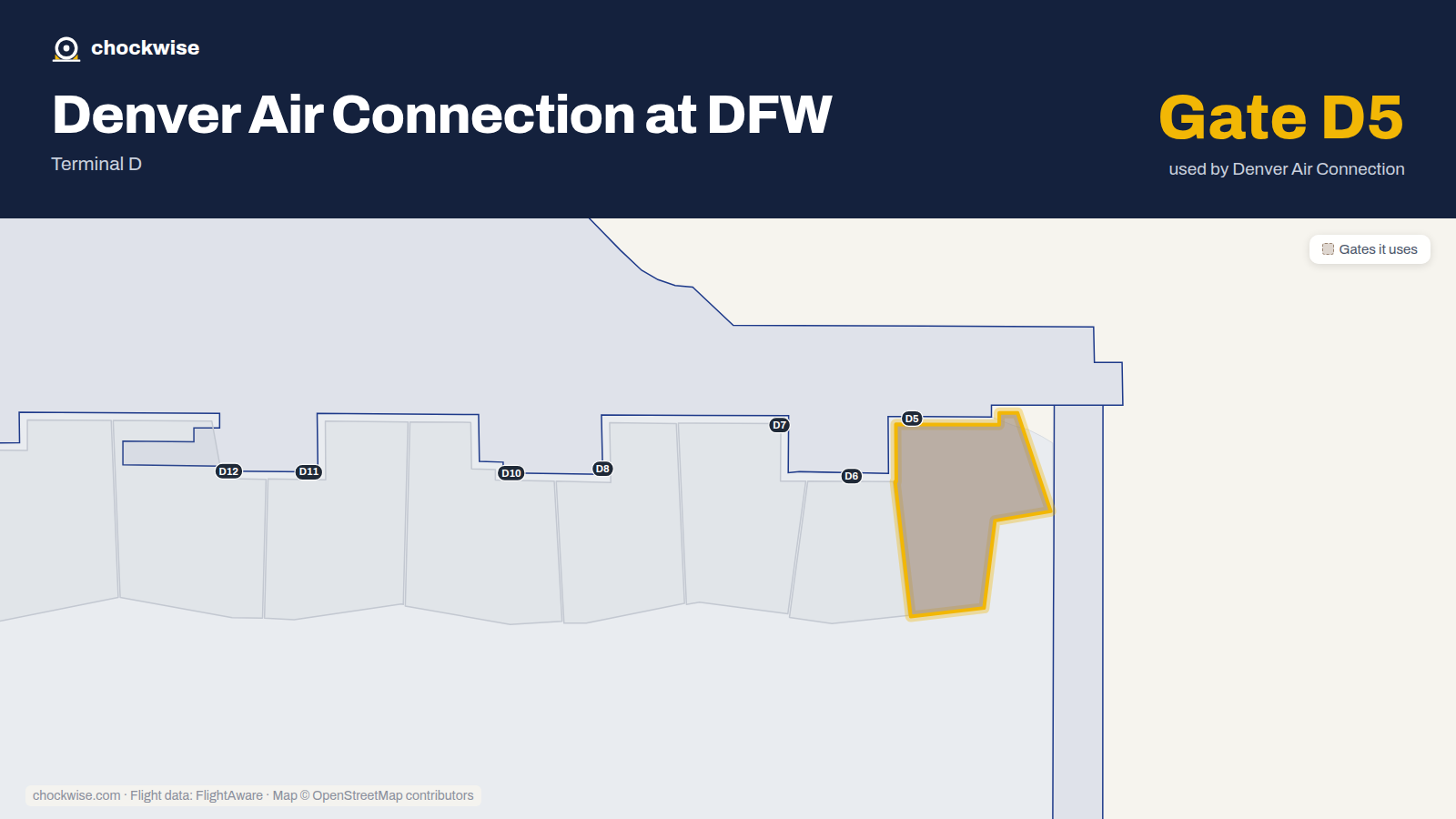 Map of DFW with the gates Denver Air Connection uses highlighted: D5.