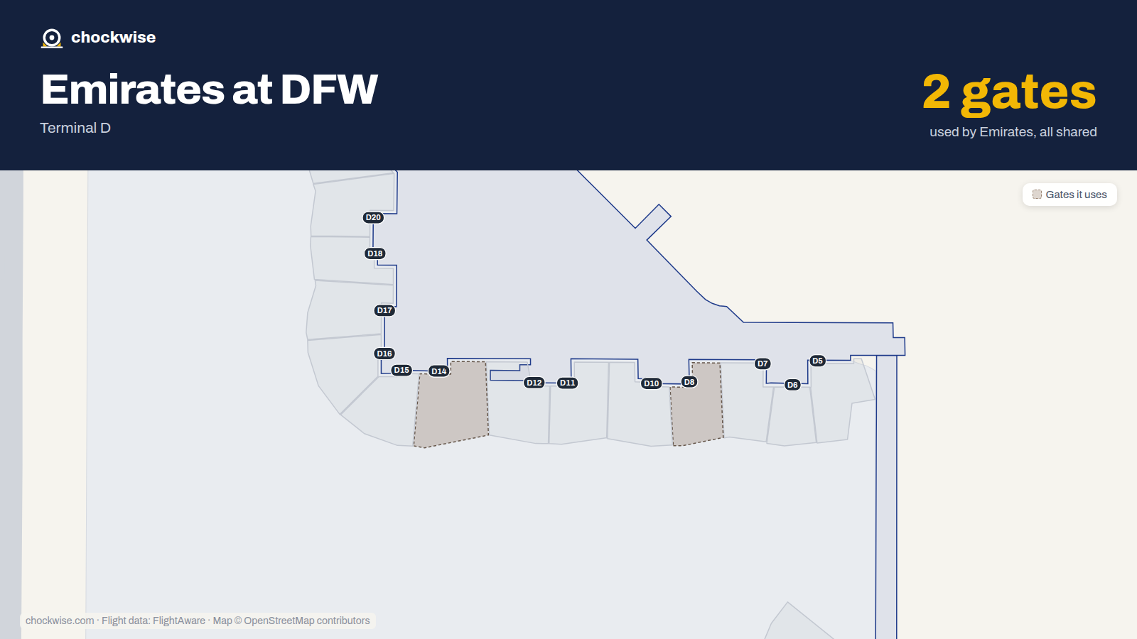 Map of DFW with the gates Emirates uses highlighted: D8 and D14.