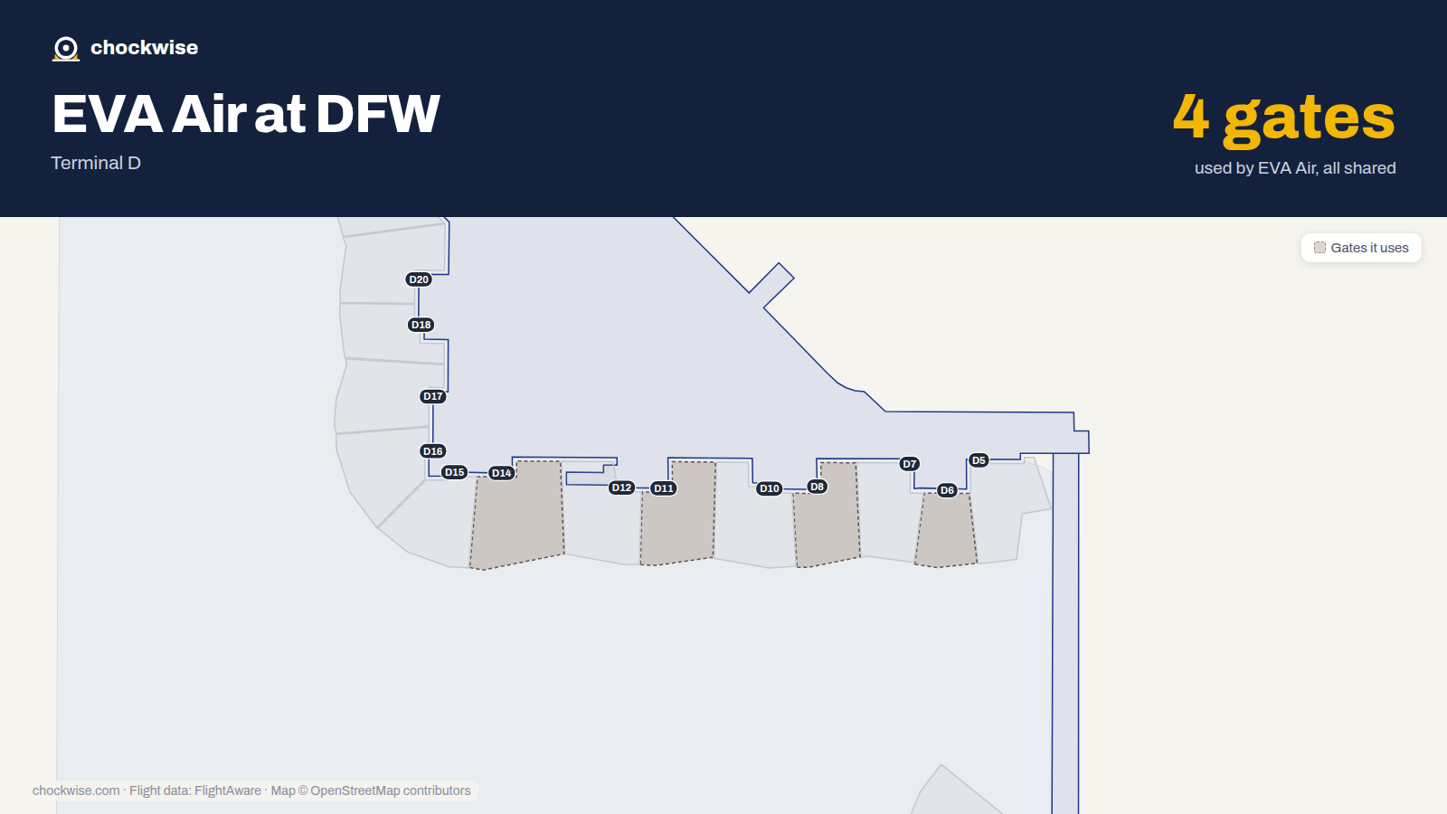 Map of DFW with the gates EVA Air uses highlighted: D6, D8, D11 and D14.