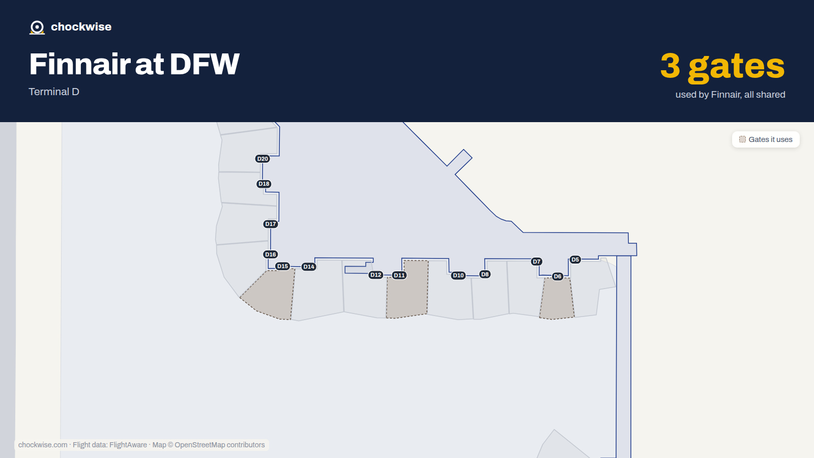 Map of DFW with the gates Finnair uses highlighted: D6, D11 and D15.