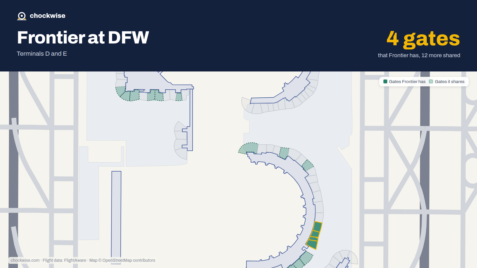 Map of DFW with the gates Frontier Airlines uses highlighted: E17, E18, E20 and E21.