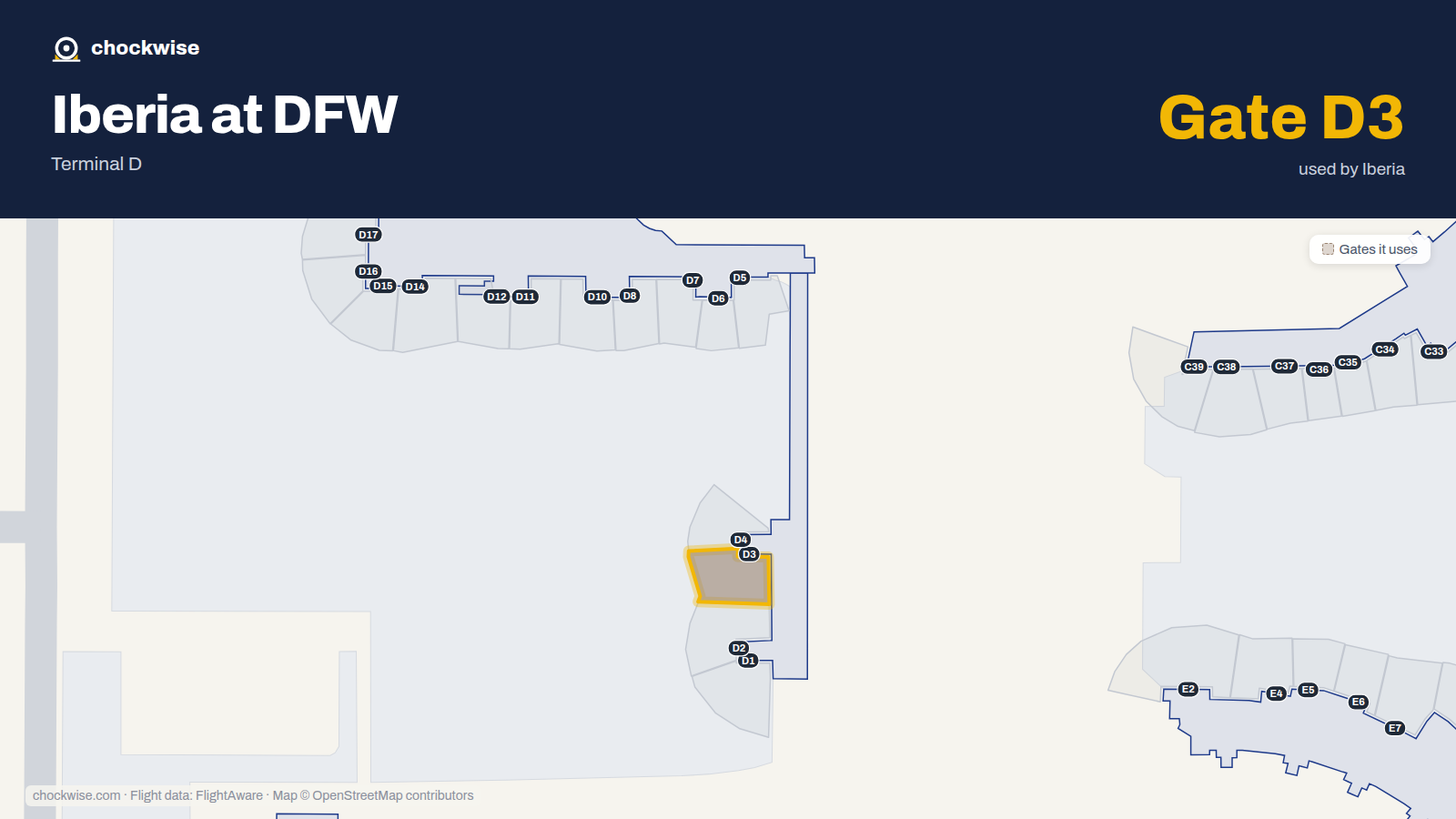 Map of DFW with the gates Iberia uses highlighted: D3.