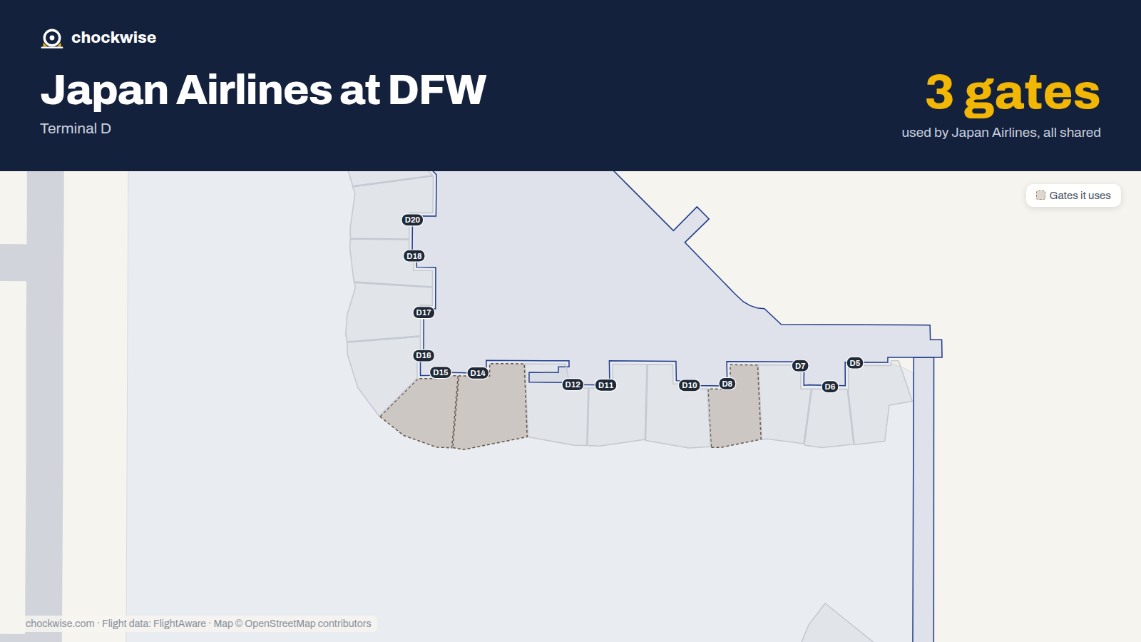 Map of DFW with the gates Japan Airlines uses highlighted: D8, D14 and D15.