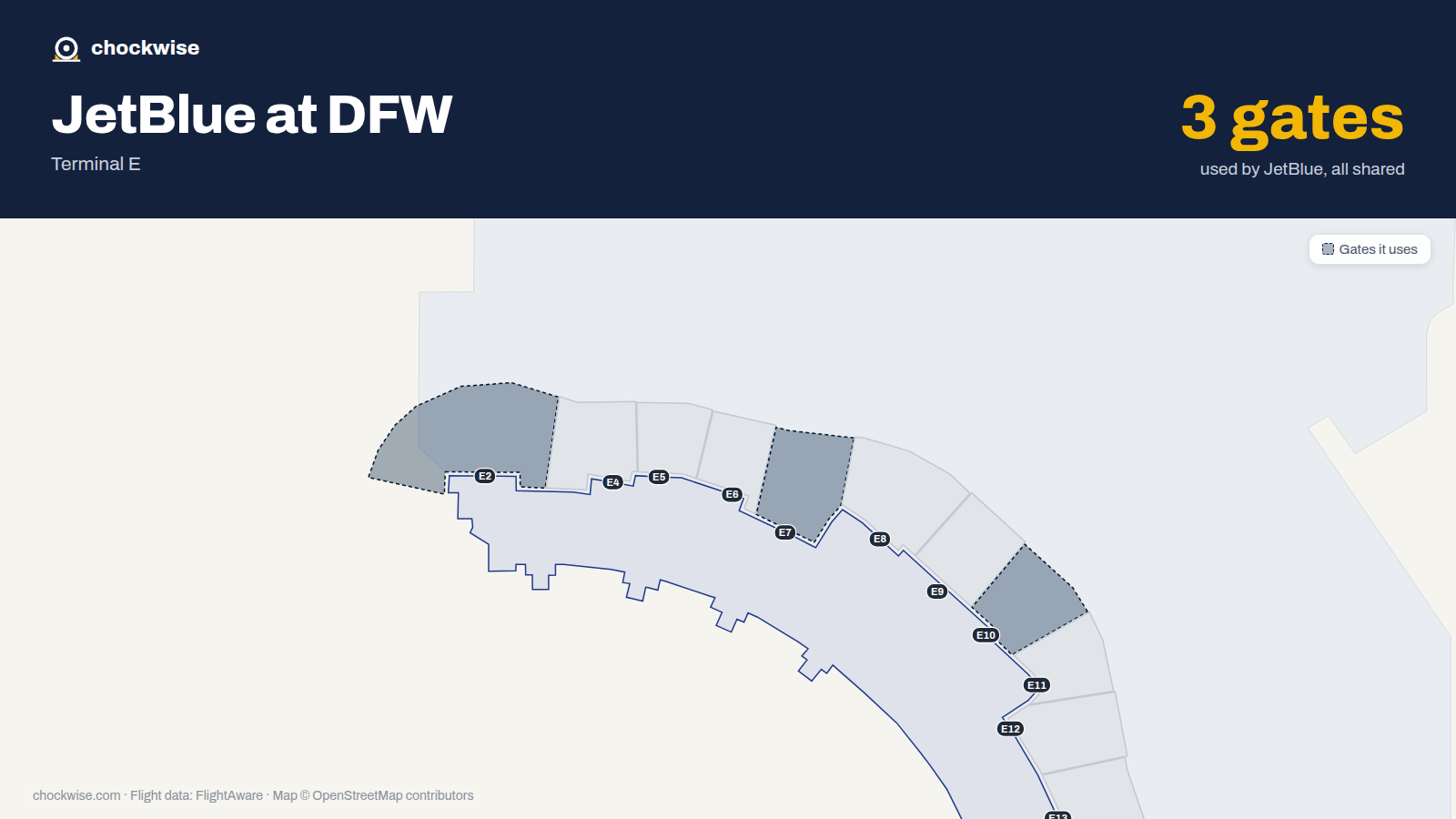 Map of DFW with the gates JetBlue uses highlighted: E2, E7 and E10.