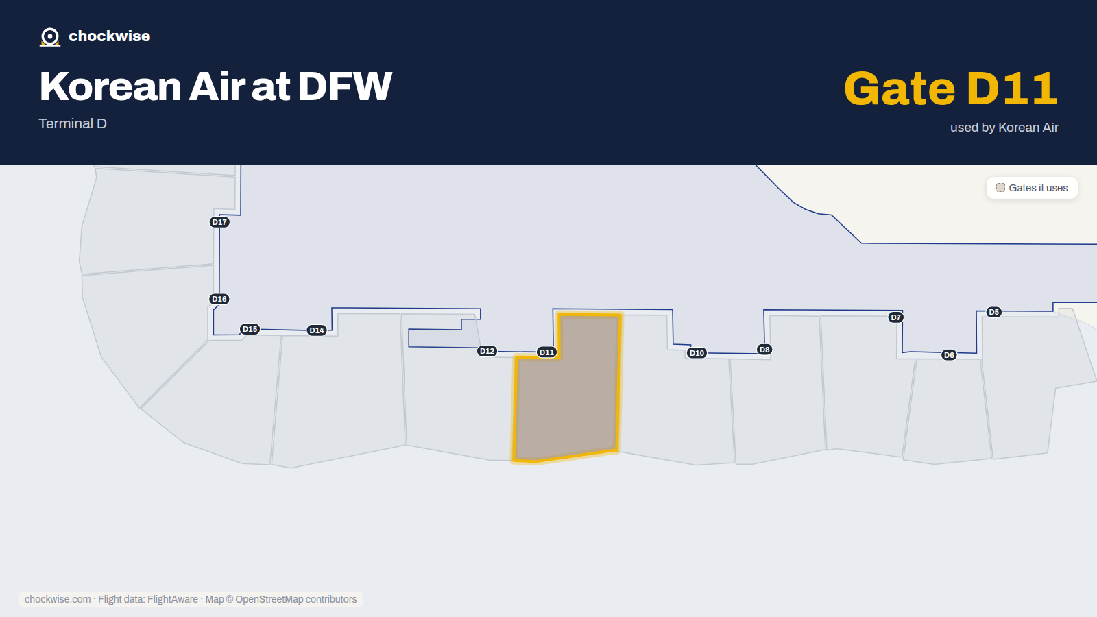 Map of DFW with the gates Korean Air uses highlighted: D11.