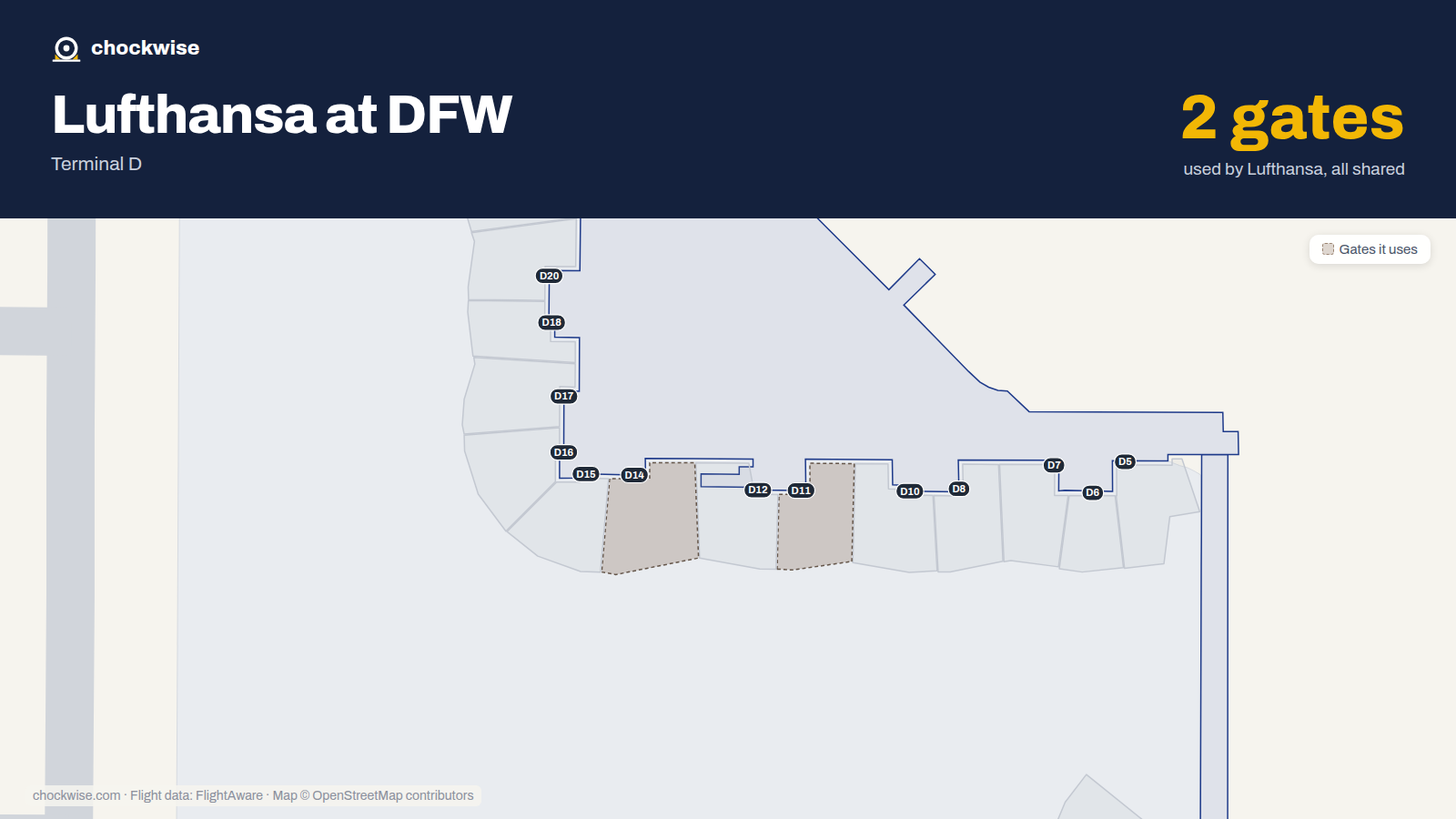 Map of DFW with the gates Lufthansa uses highlighted: D11 and D14.