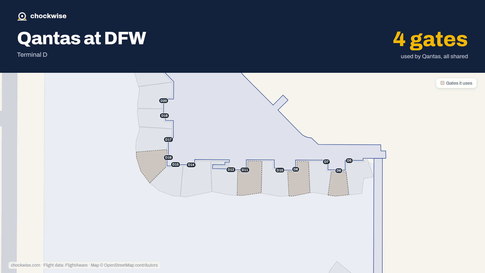 Map of DFW with the gates Qantas uses highlighted: D6, D8, D11 and D16.